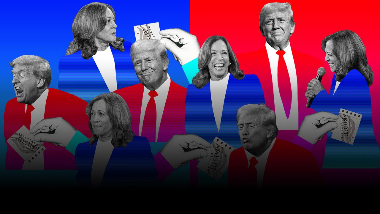 Image may contain Donald Trump Donald Trump Donald Trump Donald Trump Kamala Harris Kamala Harris and Kamala Harris