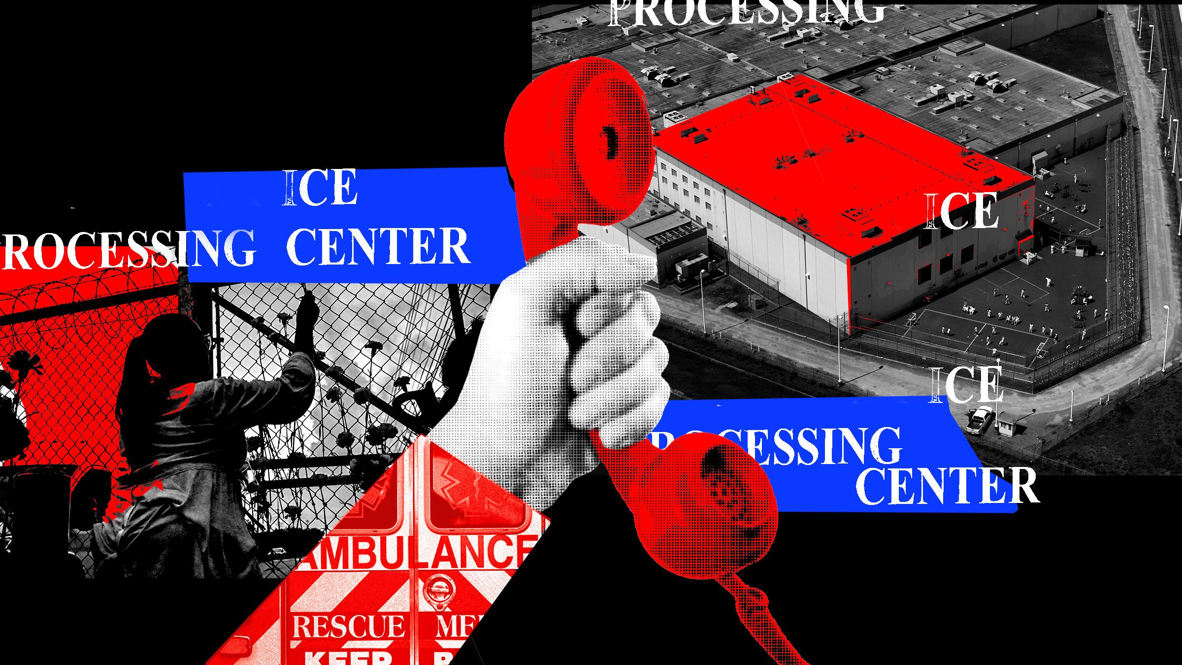 A hand holding a phone with the image of an ambulance against the aerial view of an ICE processing center and person...